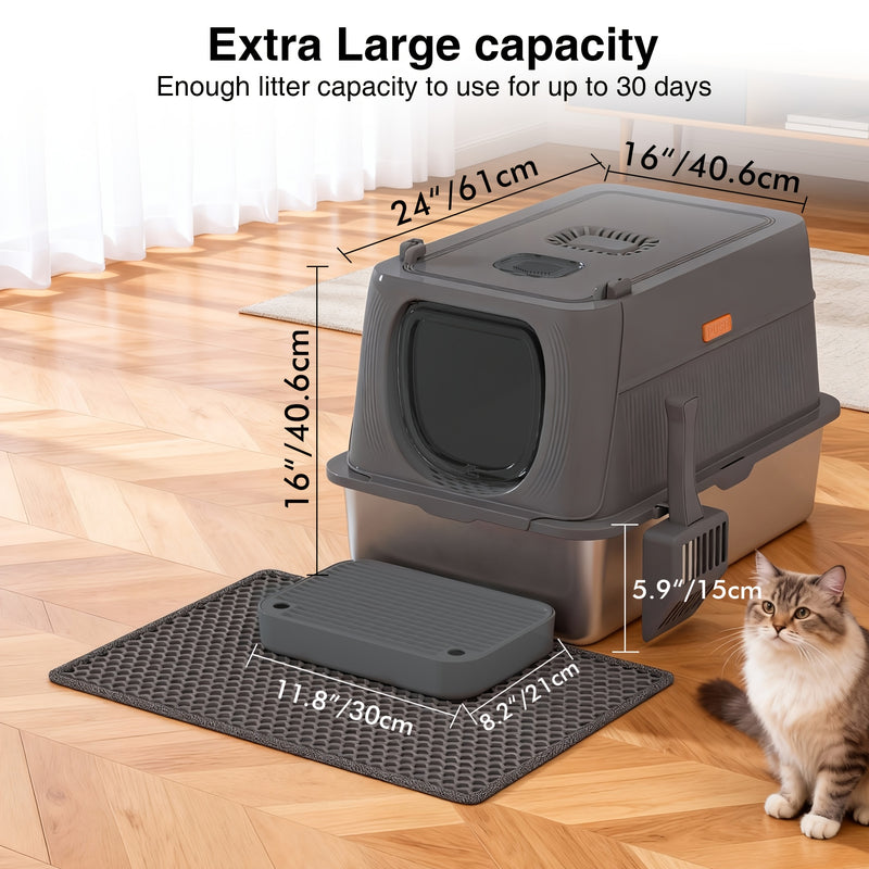 Extra Large Stainless Steel Cat Litter Box with Lid Enclosed Foldable Anti-Splash Indoor Cat Toilet with Front Flap Door Superior Odor Control
