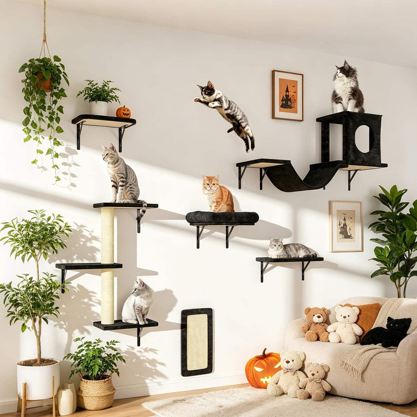 Wall Mounted Cat Climbing Shelf Set – 6 or 7 Piece Cat Wall Furniture with Scratching Post, Bridge, Ladder & Tunnel, Indoor Cat Condo for Cats of All Sizes