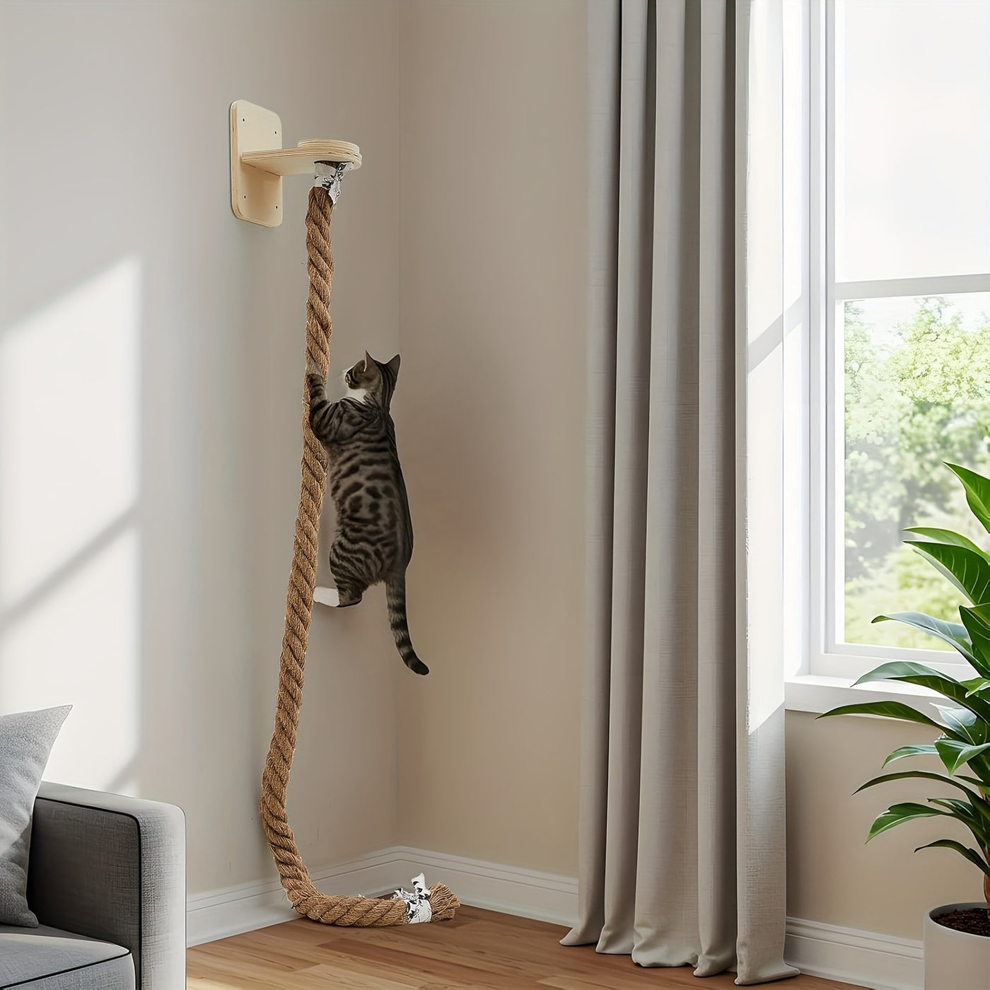 Wall Mounted Cat Scratching Post with Jute Rope Climbing Ladder & Resting Platform – 60in/1.5m Cat Wall Tree, Sisal Rope Cat Climber for Indoor Cats, Endless Fun