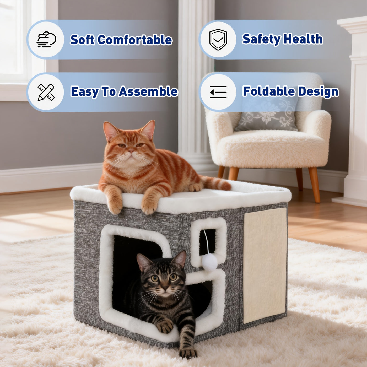 Indoor Cat House Condo 3-in-1 – Cat Bed Sleep Play & Scratch Box, Luxury Wooden Cube Ottoman Cat Cave Hideaway for Large Cats, Multi-Cat Friendly, Light Gray (Regular & Large)