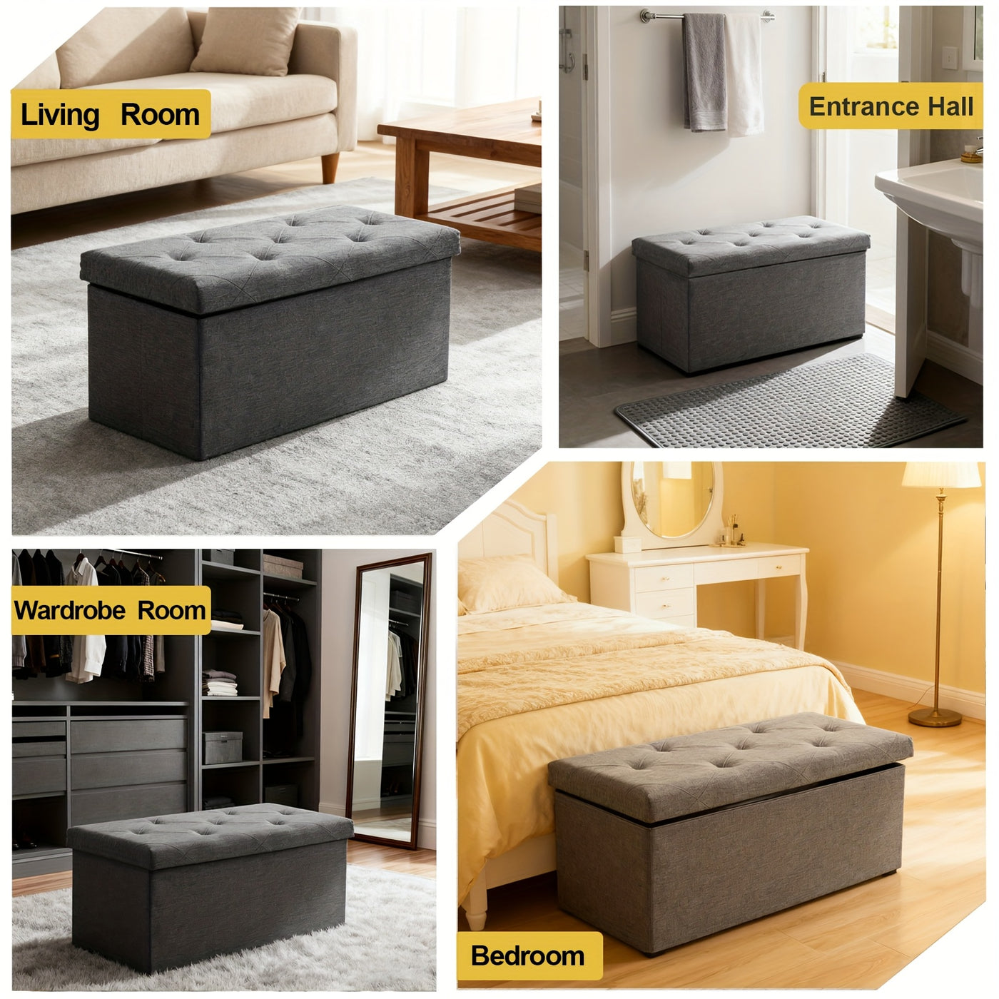 Storage Ottoman Bench Foldable with Padded Seat – End of Bed Bench & Storage Chest for Bedroom & Living Room, 2 Sizes, Grey