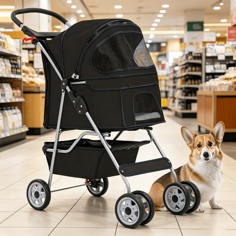 4-Wheel Pet Stroller for Cats & Dogs – Portable Breathable Stroller with Storage Basket & Cup Holder for Outdoor Walks | Black, Blue, Pink, Purple, Red