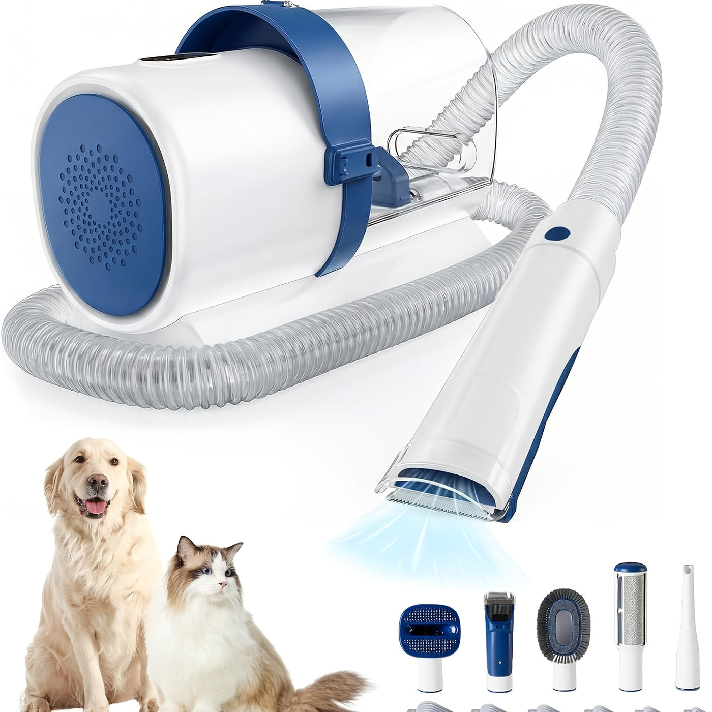 Pet Grooming Vacuum Kit 5-in-1 – Dog & Cat Hair Clipper with 99% Suction Vacuum, 6 Guide Combs, Professional Low-Noise Grooming Tools for Dogs Cats, White Grey & White Blue