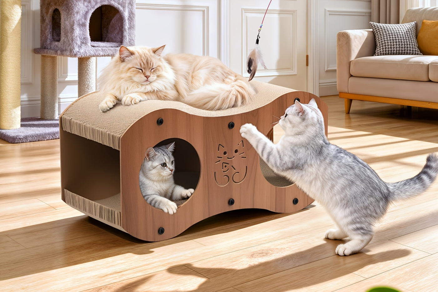 Cat Scratching Post with Integrated Woven Bed & Cat Toy - Sturdy Wood Base 4-Season Scratch Pad for Indoor Cats, Lounging & Play, Oak or Walnut Color