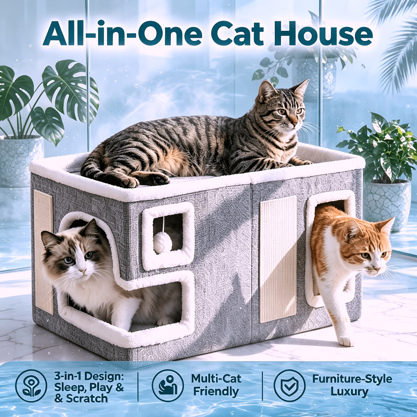 Indoor Cat House Condo 3-in-1 – Cat Bed Sleep Play & Scratch Box, Luxury Wooden Cube Ottoman Cat Cave Hideaway for Large Cats, Multi-Cat Friendly, Light Gray (Regular & Large)