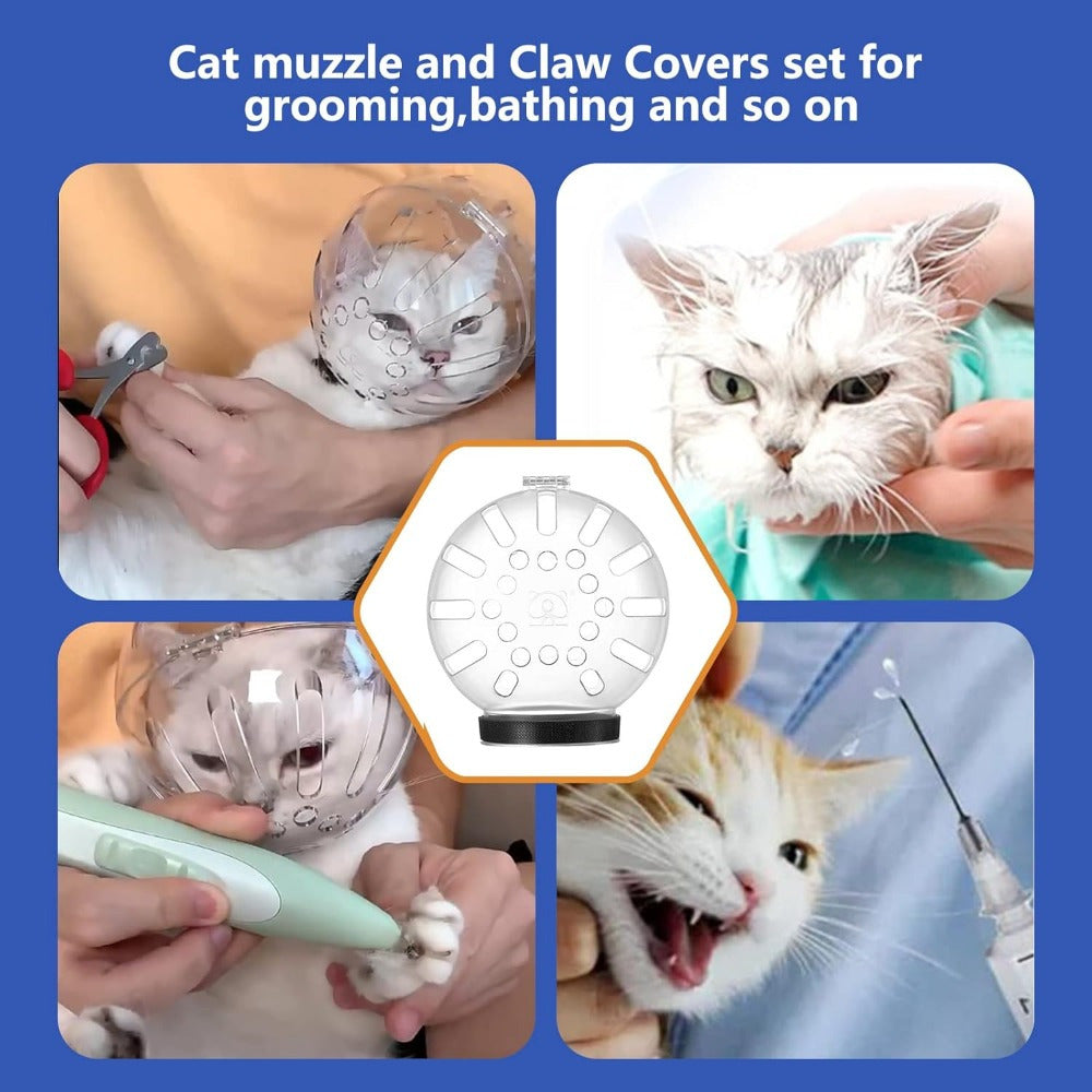 Cat Grooming Hood with Paw Covers – Anti-Scratch Anti-Bite Breathable Cat Muzzle Set for Bathing Nail Trimming Shaving, Adjustable Cat Restraint Kit