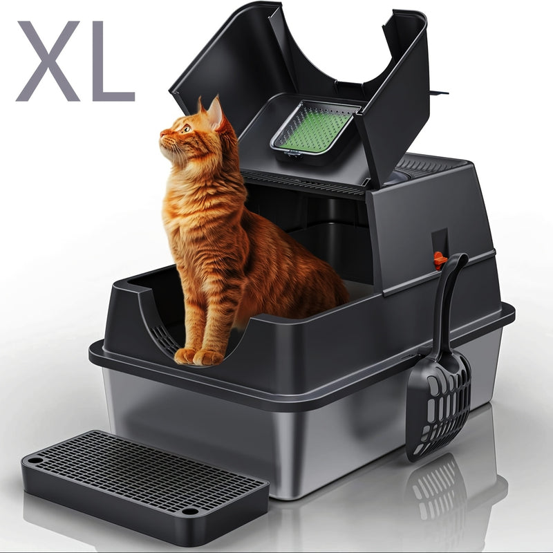 XL Stainless Steel Enclosed Cat Litter Box – 3-in-1 Flip Top Design, High Side Walls Prevent Litter Scatter, Ideal for Large Cats and Multi-Cat Households