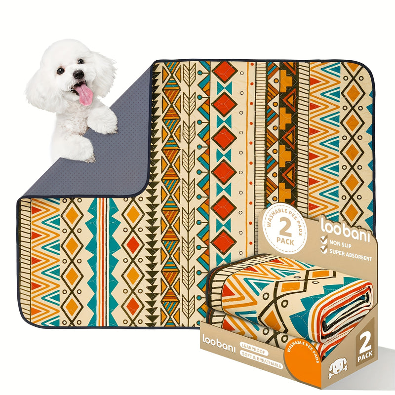 2-Pack Washable Dog Pee Pads Super Absorbent Reusable Puppy Training Pads Leakproof Non-Slip Whelping Pads with Retro Tribal Design – Sizes 18x24 to 36x41 Inch