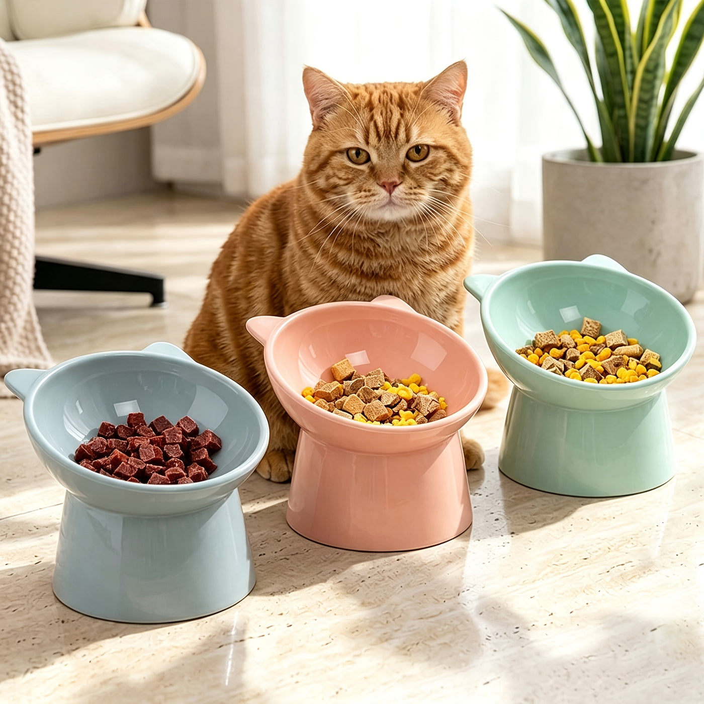 Raised Cat Bowls Set of 3 Cat Ear Shaped – Tri-Color Elevated Anti-Slip Feeder Dish for Multi-Cat Households, Neck Comfort Design (Pink/Green/Blue)