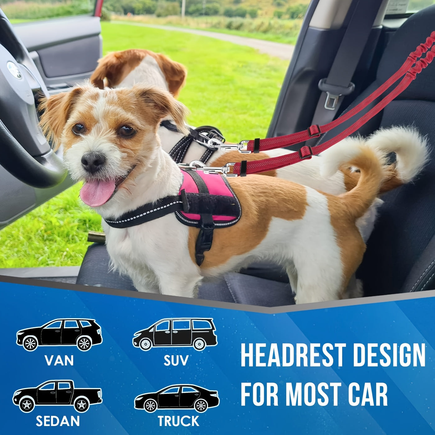 Dual Dog Car Seat Belt for 2 Dogs – No-Tangle Headrest Restraint with Adjustable Bungee, Safe Pet Car Safety Harness for Small Medium Large Dogs, Black Pink Red