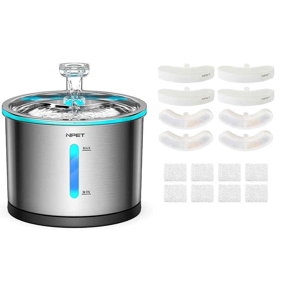 Stainless Steel Cat Water Fountain 50oz/1.5L with Filter - Ultra Quiet Auto Pet Water Dispenser, Dishwasher Safe, LED Visible Window for Cats & Dogs Indoor