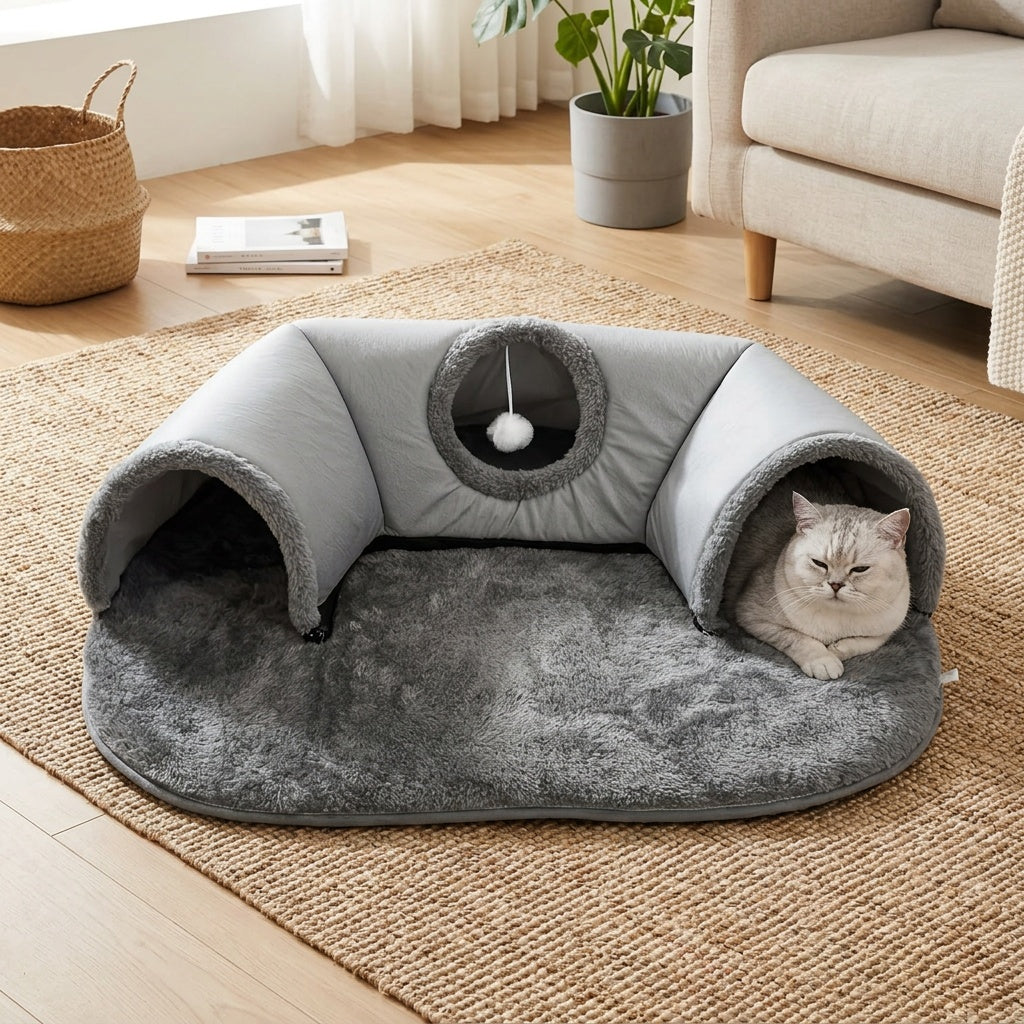 Cat Tunnel Bed & Playhouse 3-in-1 – Soft Plush Polyester Cat Tunnel with Non-Slip Base, Easy Clean, for Cats Kittens & Rabbits, 17.64lbs Capacity