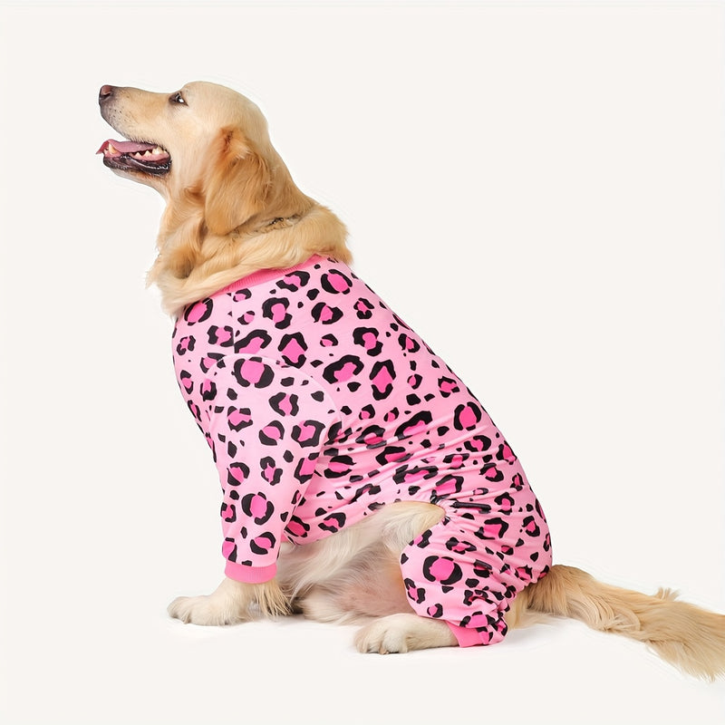 Leopard Print Dog Jumpsuit Plush Pullover for Small & Medium Dogs – Soft Polyester Knit Pet Onesie for Spring, Fall & Winter, Sizes XS-4XL