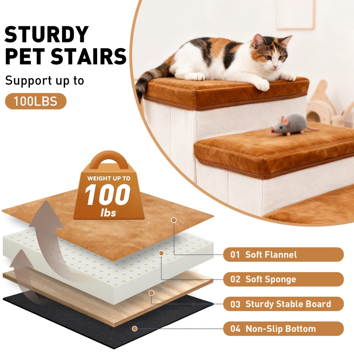 3-Tier Foldable Dog Stairs with Non-Slip Surface – Pet Steps for High Beds & Sofas, Small & Extra-Small Dogs, Nylon Ramp with Plush Chicken Toy, Coffee & Gray