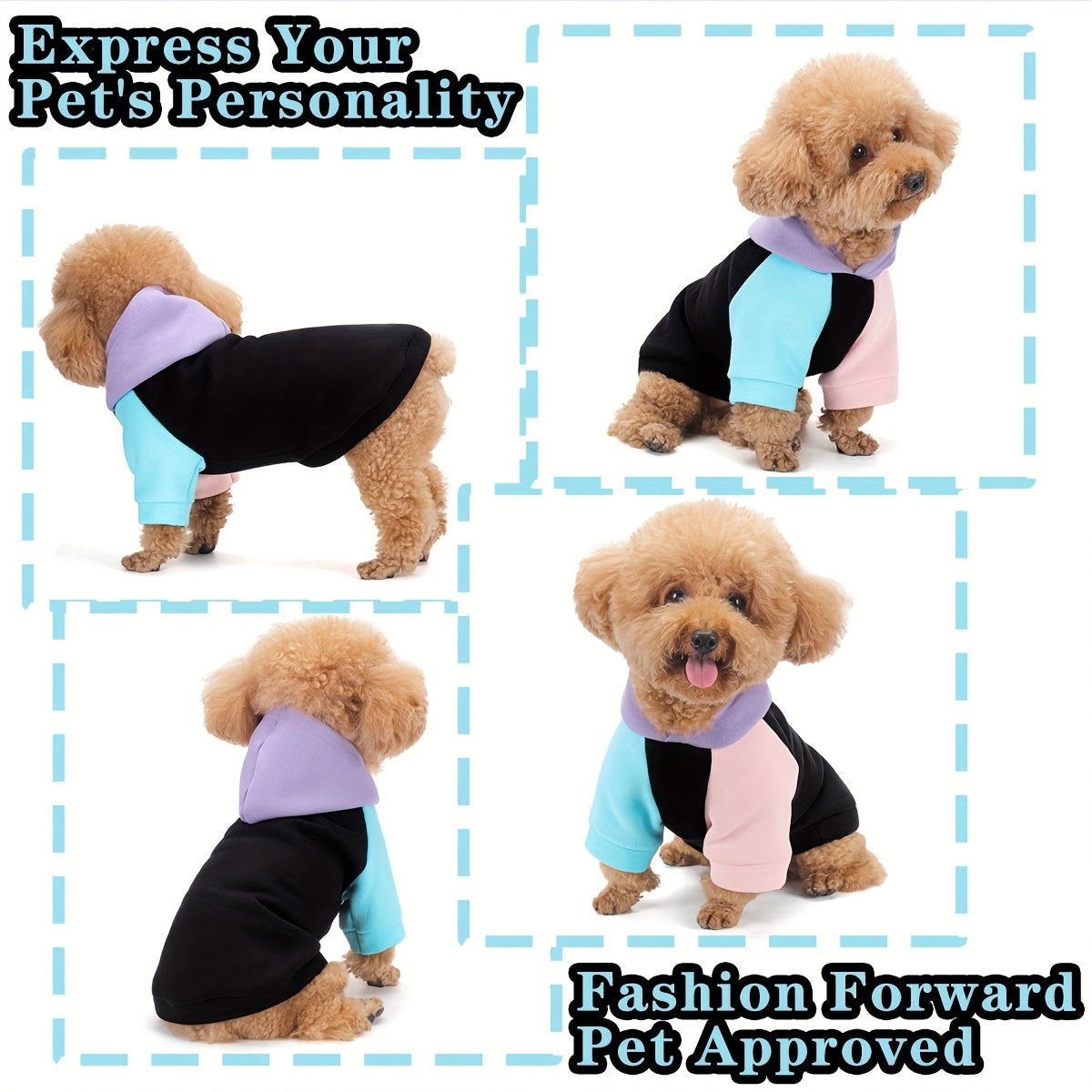 Dog Hoodie Cyber Punk Style Color-Block – Buttery Soft Knitted Polyester, Black Purple Peach, Adjustable Drawstring Hood, Ribbed Cuffs, Comfort Fit for All Breeds, Winter Spring Autumn