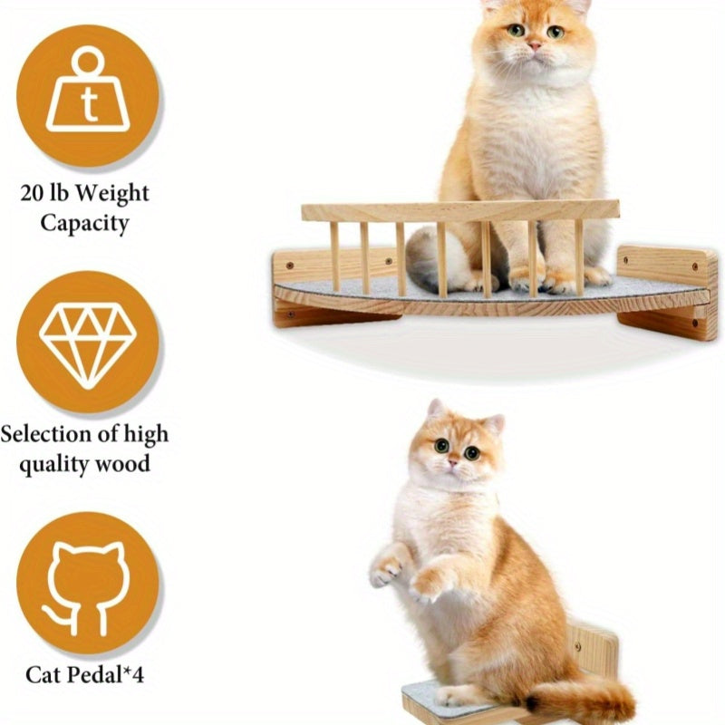 Wall Mounted Cat Shelves 5-Piece Set with Climbing Steps & Felt Pads – Cat Wall Furniture Hammock Rack, Holds 20 lbs, Black or White Wood