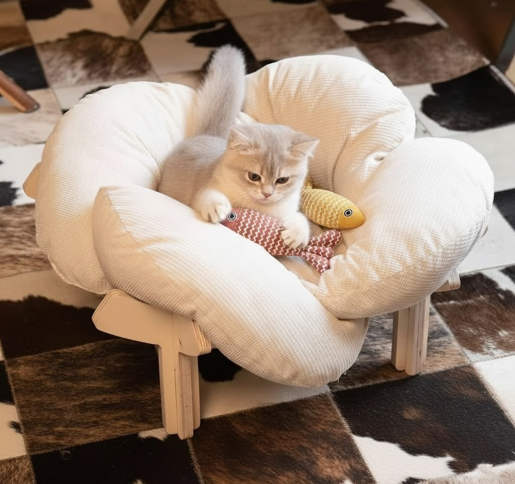 Elevated Wooden Cat Bed with Soft Cushion Raised Pet Lounge Chair Sofa – Modern Solid Wood Cat Hammock for Indoor Cats and Small Dogs with Linen Fish Toy