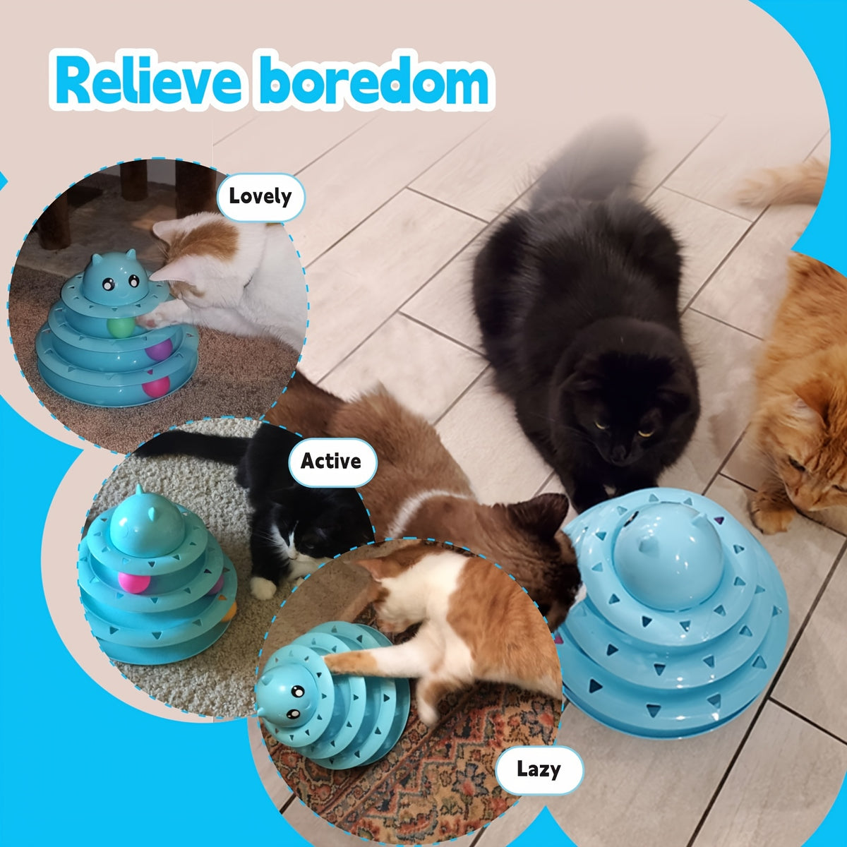 3-Tier Turntable Cat Toy with 6 Colorful Spinning Balls - No Battery Interactive Cat Toy, Anti-Slip Base, Detachable Levels, Mental & Physical Stimulation for Cats Kittens, Multiple Colors