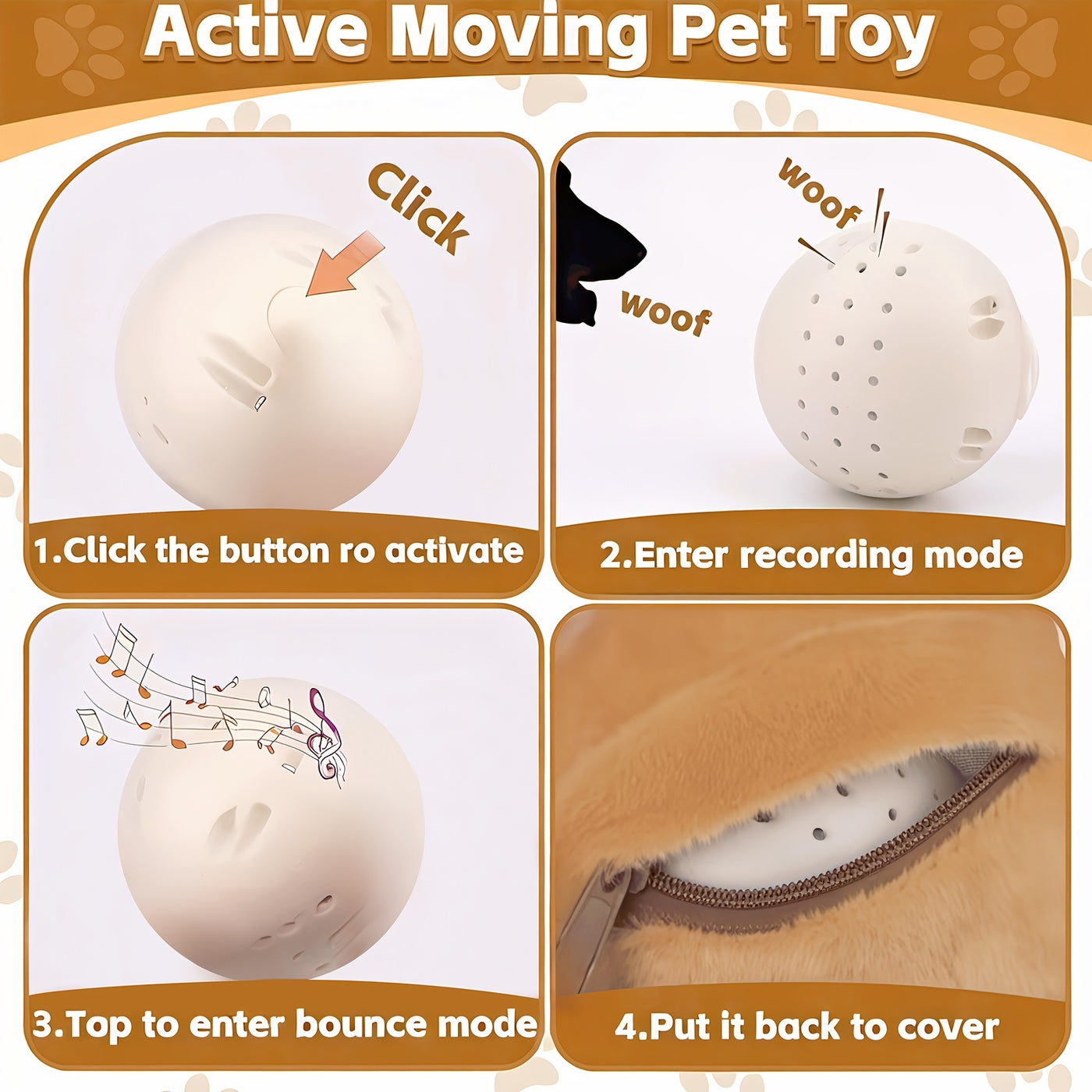 Smart Bouncing Dog Toy Ball with Recording & Music Mode – Rechargeable USB, Washable Animal Character, Squeaky for Small Medium Large Dogs