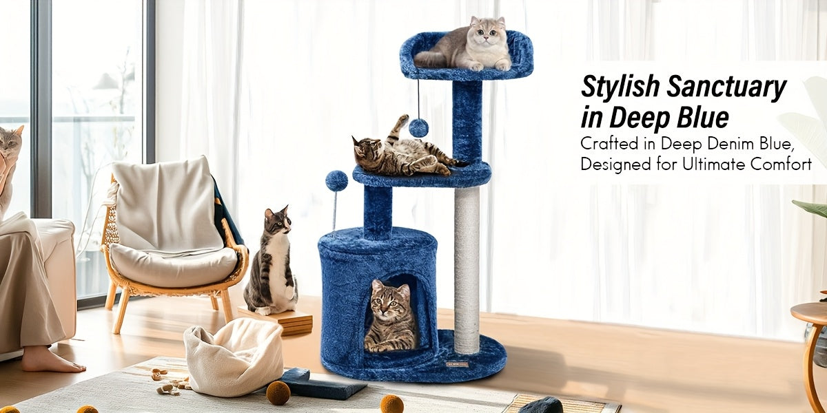 32-Inch Cat Tree with Condo, Sisal Scratching Post, Plush Perches & Pompom Toys for Indoor Cats - Denim Blue Multi-Level Cat Tower Activity Center
