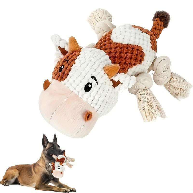 Squeaky Plush Dog Toy Cow – Interactive Tug of War Chew Toy with Crinkle Paper & IQ Training for Small Medium Large Dogs