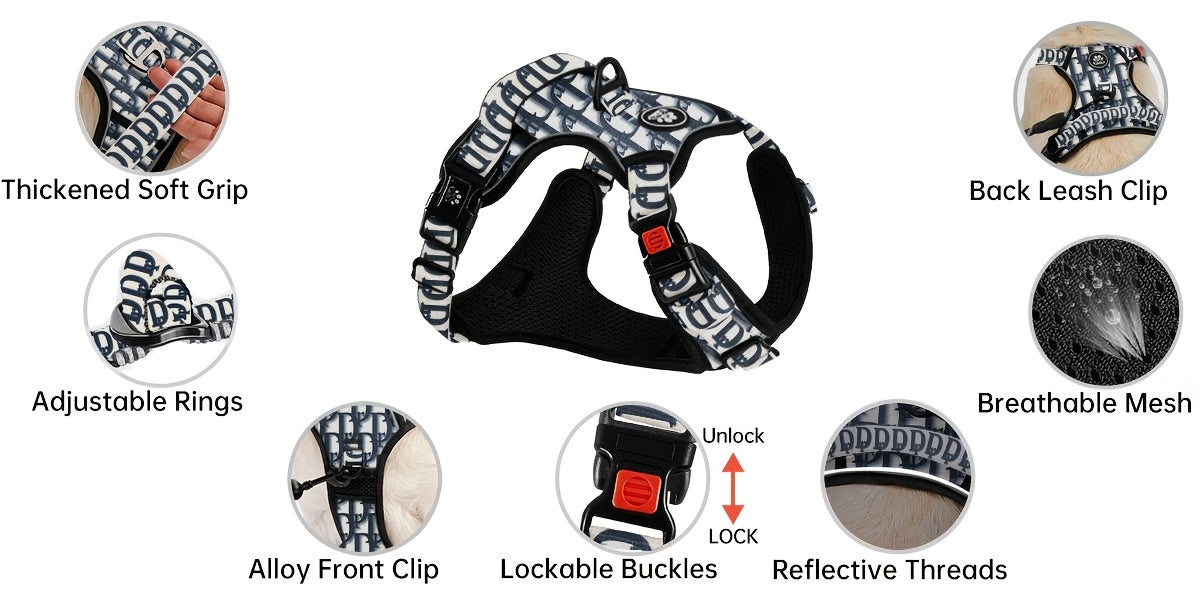 Complete Dog Walking Set – No-Pull Harness + Collar + Leash + Retractable Seatbelt + Storage Strap, Fully Reflective Breathable Vest with Handle for Small & Large Dogs, Sizes XS-XL