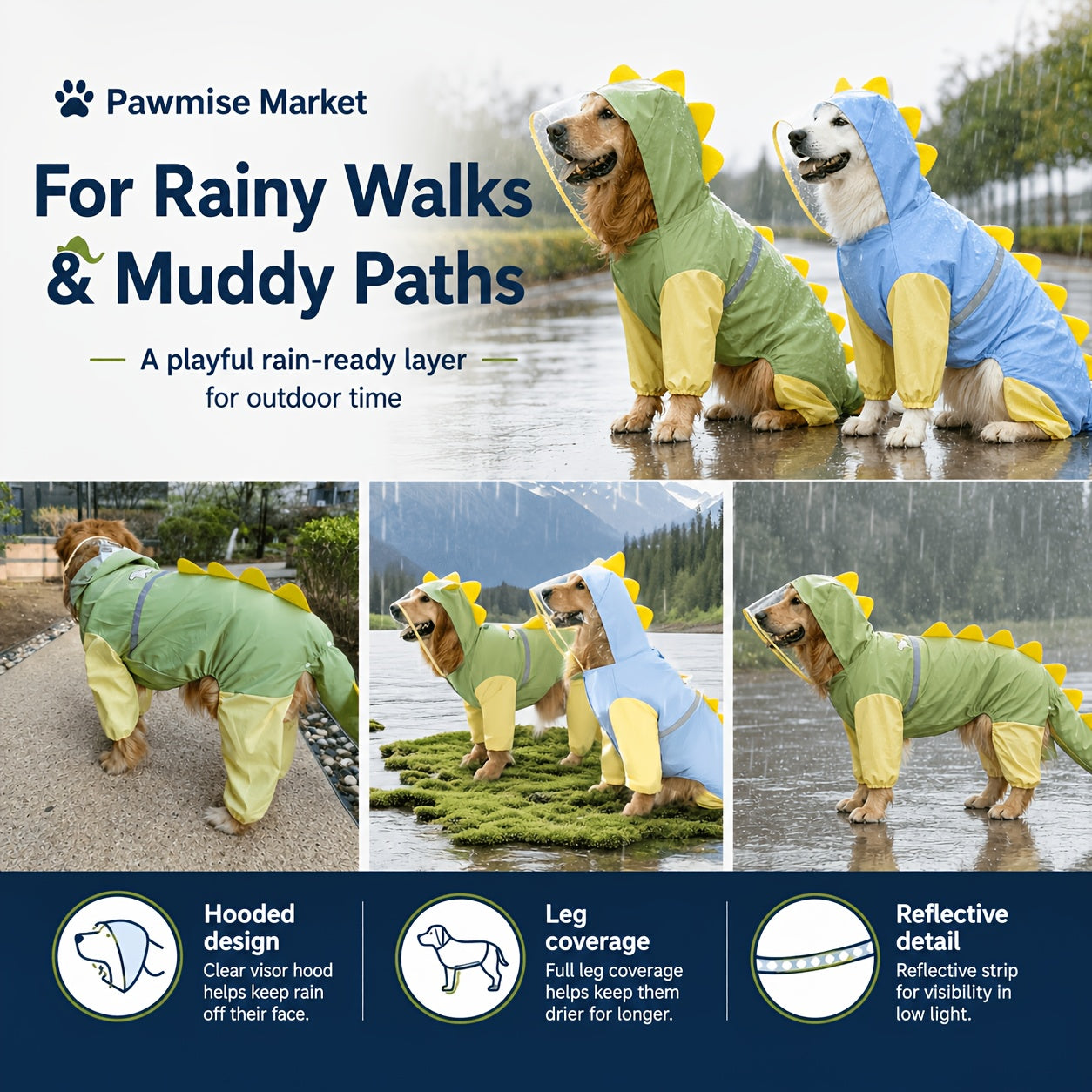 Large Dog Raincoat Dinosaur Costume Full Body – Waterproof Rain Jacket with Hood & Tail for Golden Retriever Labrador, Funny Outdoor Pet Outfit 3XL-8XL