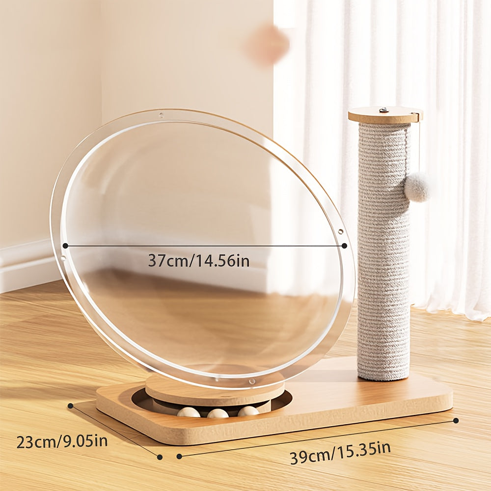 Space Capsule Cat Scratcher House 2-in-1 with Rail Ball Toy - Transparent Rotating Cat Play House Scratching Post Furniture Protector for Kittens & Cats, Interactive Cat Toy
