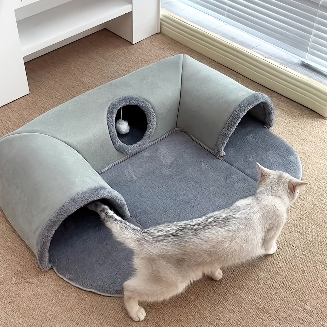 Cat Tunnel Bed & Playhouse 3-in-1 – Soft Plush Polyester Cat Tunnel with Non-Slip Base, Easy Clean, for Cats Kittens & Rabbits, 17.64lbs Capacity