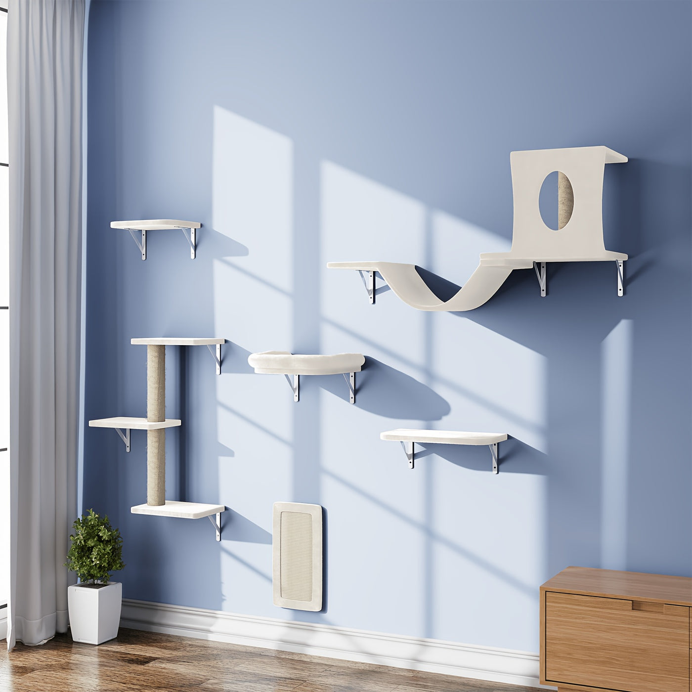 Wall Mounted Cat Climbing Shelf Set – 6 or 7 Piece Cat Wall Furniture with Scratching Post, Bridge, Ladder & Tunnel, Indoor Cat Condo for Cats of All Sizes