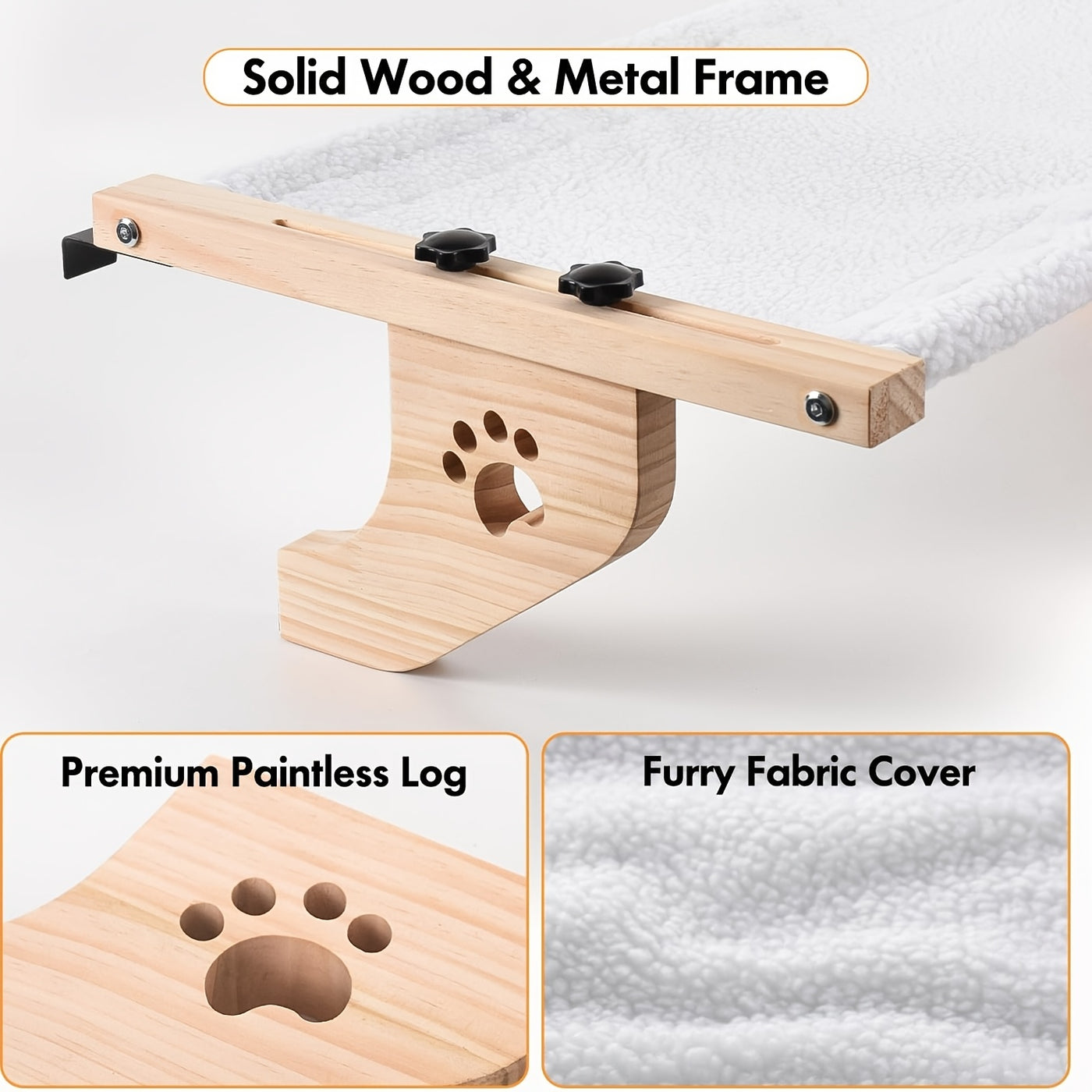 Cat Window Perch Hammock for Indoor Cats – Wood & Metal Frame for Large Cats, Adjustable Mount for Windowsill Bedside Drawer & Cabinet, Cozy Cat Shelf Seat