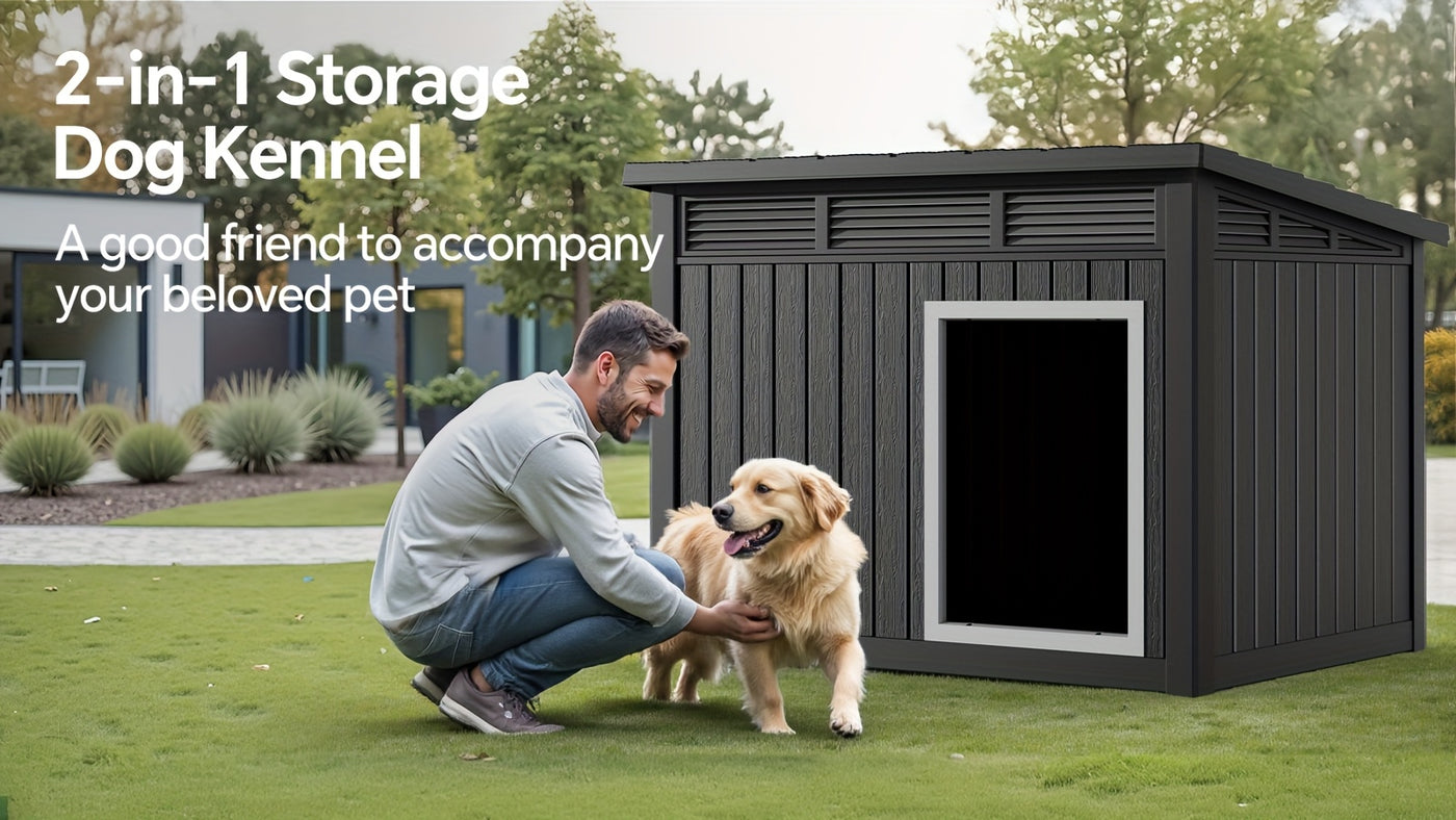 XXXL Outdoor Dog House for Large Dogs – All-Weather Resin Kennel with Gas-Lift Ventilated Canopy, UV-Proof & StormProof Design, Easy Assembly Shelter for Multi-Pet Households