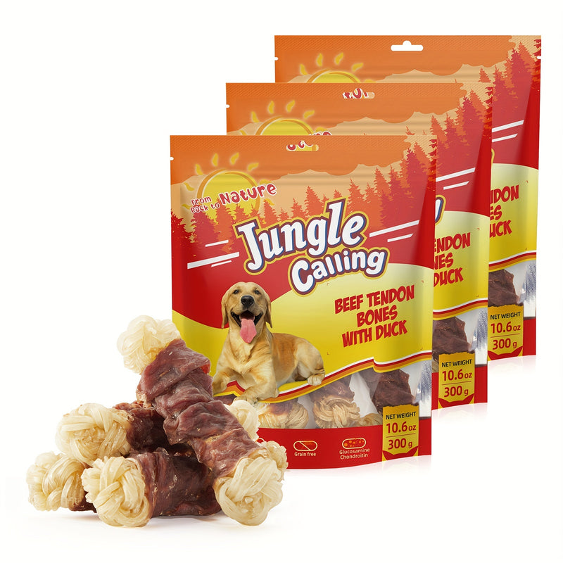 Beef Tendon Dog Chews Duck Wrapped Long Lasting Knotted Bones High-Protein Natural Dog Treat with Glucosamine for Hip & Joint Support
