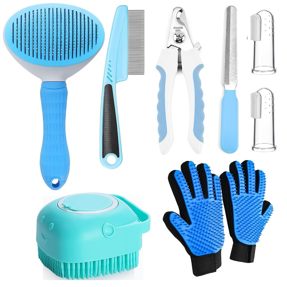 7-in-1 Pet Grooming Kit for Dogs & Cats – Self-Cleaning Slicker Brush, Nail Clippers, Shampoo Bath Brush, Dental Care Set for Puppies & Cats | Pink & Blue, 9pcs