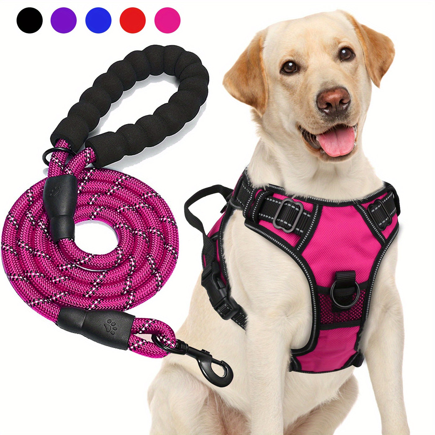No-Pull Dog Harness & Free 5-Foot Leash Set - Adjustable Reflective Oxford Vest with Foam Handle, Easy Control for Medium Large Dogs S-XL, Black Purple Blue Red Rose Red