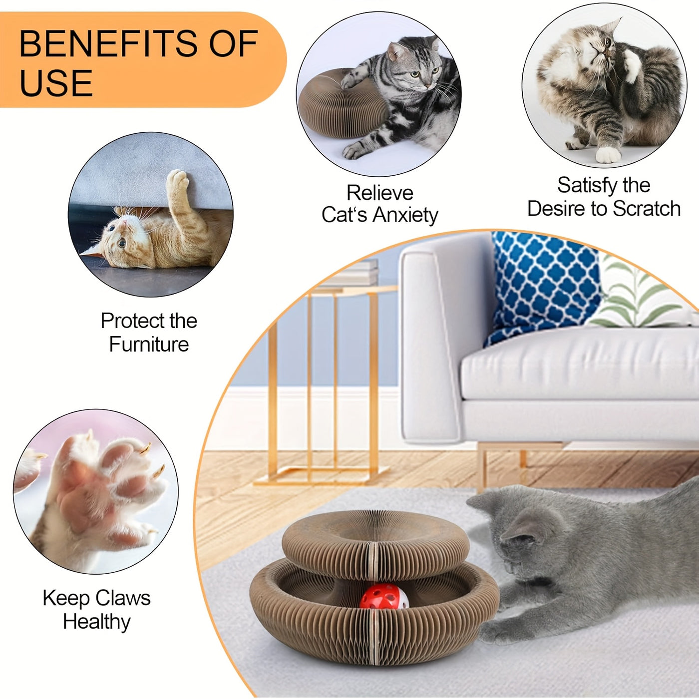 Magical Organ Cat Scratching Board with Ball Track & Bell Balls - Foldable Wear-Resistant Interactive Cat Scratcher Toy for Indoor Cats, Includes Scratching Post & 3 Bell Balls