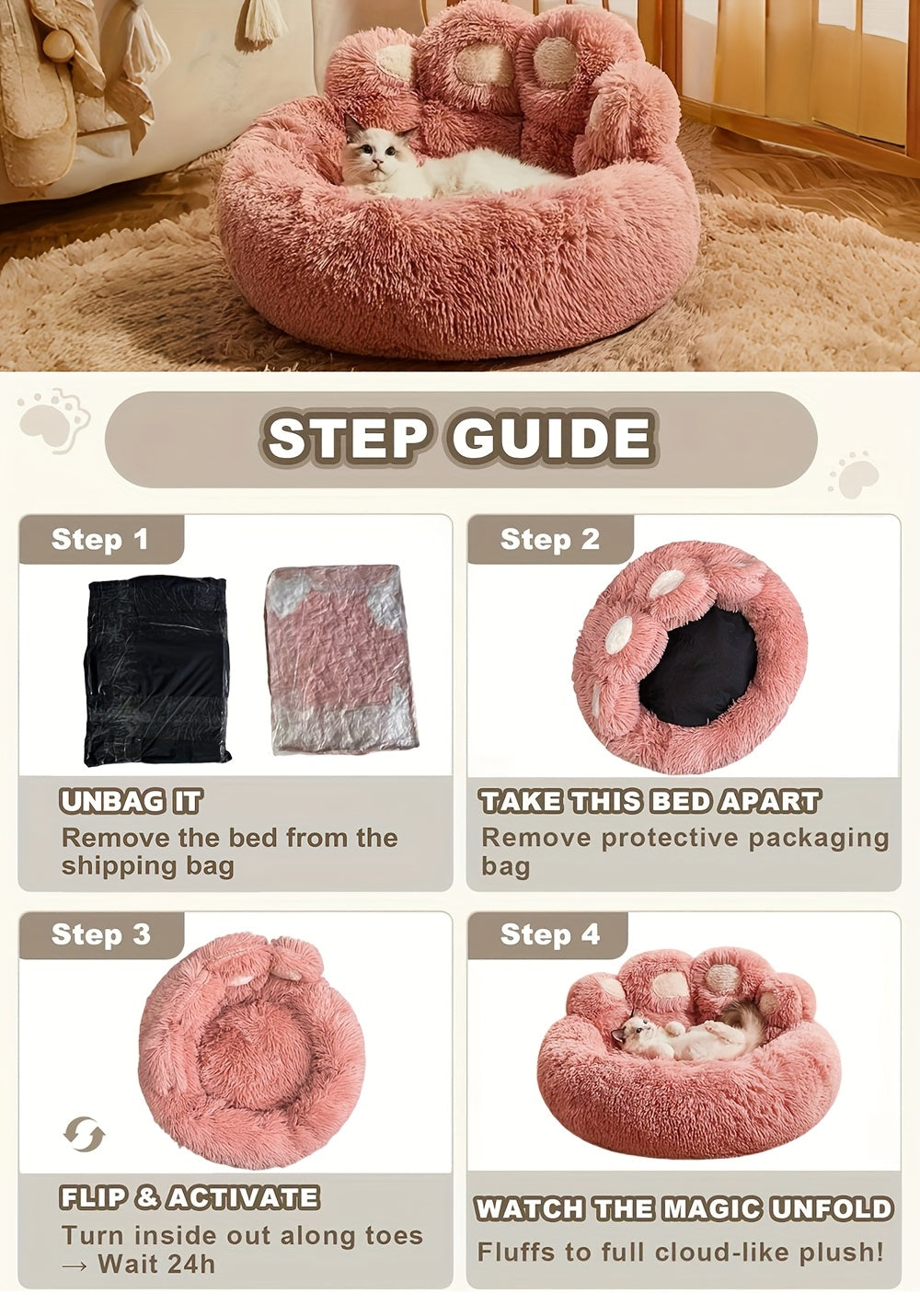 Bear Paw Round Plush Pet Bed for Dogs & Cats – Cute Warm Non-Slip Soft Bed for Small, Medium & Large Pets, 20/24/28/36 Inch