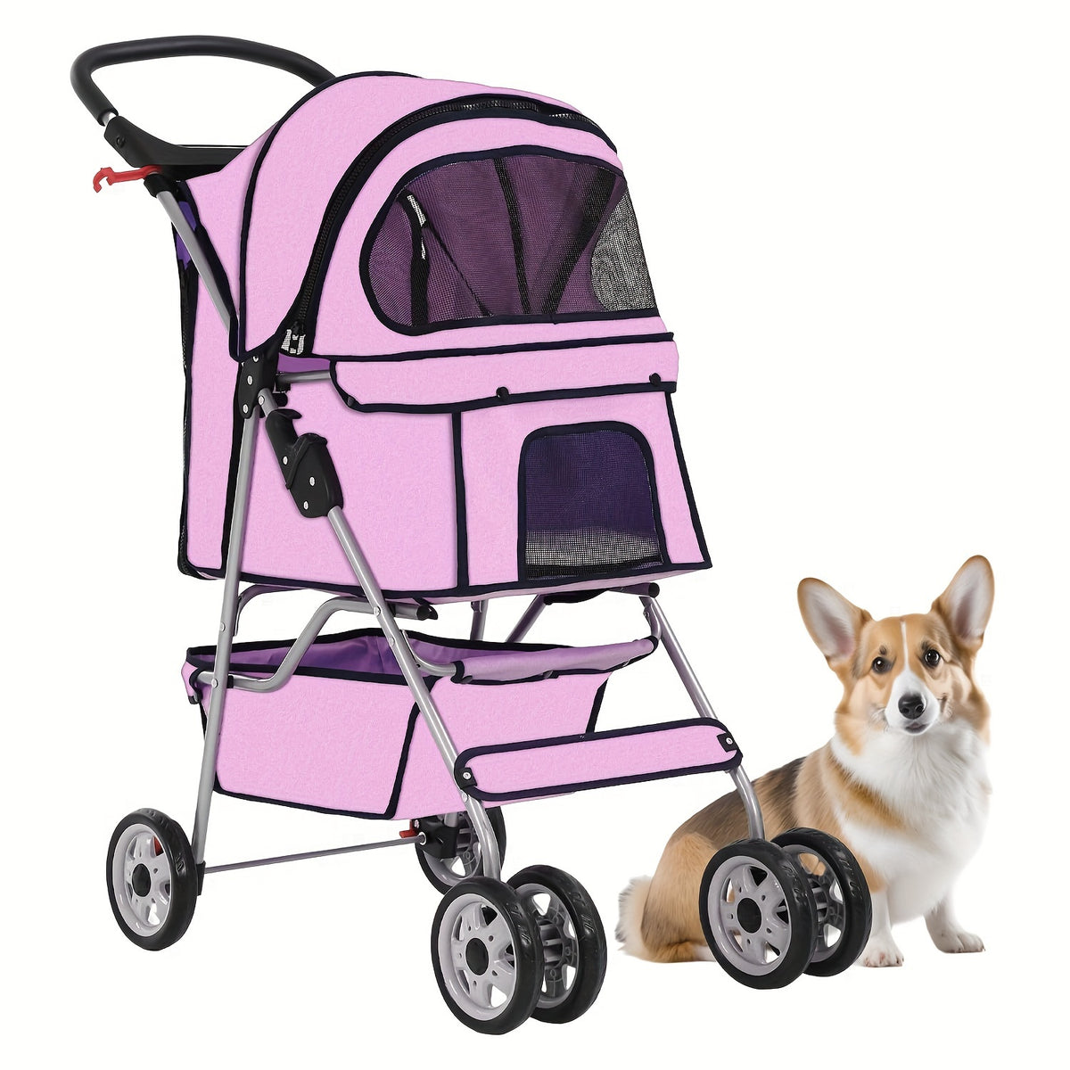 4-Wheel Pet Stroller for Cats & Dogs – Portable Breathable Stroller with Storage Basket & Cup Holder for Outdoor Walks | Black, Blue, Pink, Purple, Red