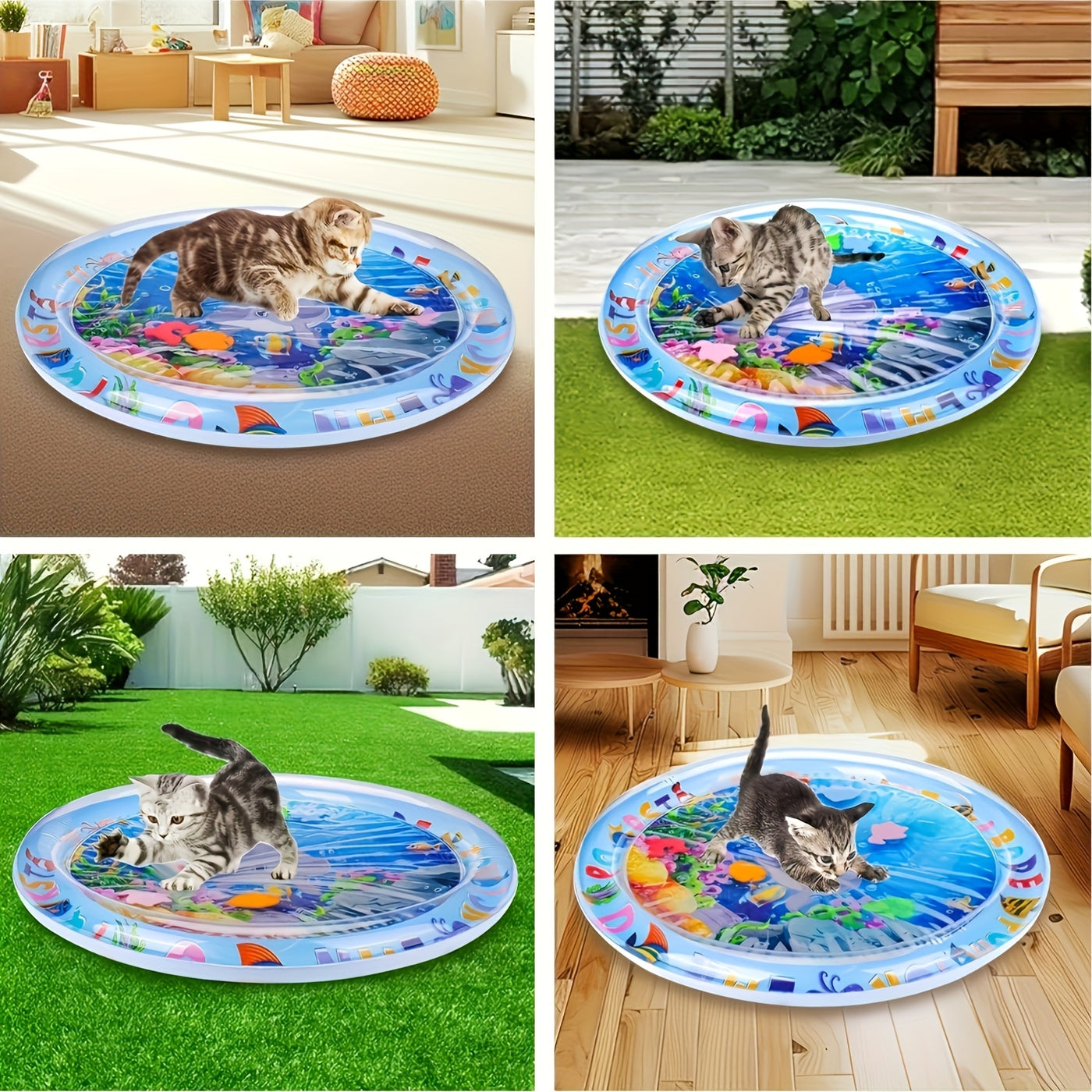 Interactive Water Play Cat Mat with Floating Fish – Splash-Proof PVC Indoor Cat Toy, Cartoon Pattern, No Battery Needed, Easy Tap Water Clean