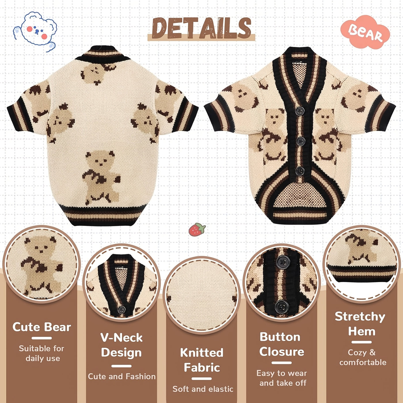 Dog Cardigan Sweater Bear Print with Button Closure – Warm Knitted Fleece-Lined Puppy Shirt, Adjustable Collar, Elastic & Embroidered, Small Breeds Bichon Teddy Schnauzer, Spring Summer