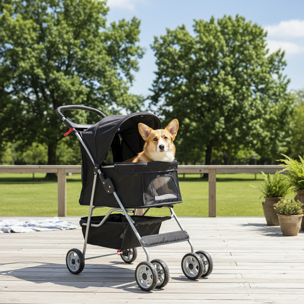 4-Wheel Pet Stroller for Cats & Dogs – Portable Breathable Stroller with Storage Basket & Cup Holder for Outdoor Walks | Black, Blue, Pink, Purple, Red