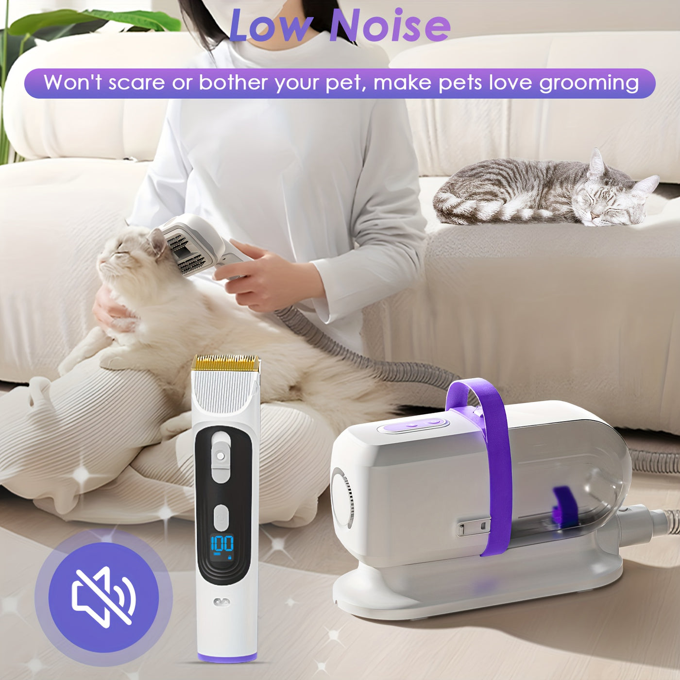8-in-1 Pet Grooming Vacuum & Dog Hair Vacuum 12000Pa – Low Noise, 3 Suction Levels, 6 Grooming Tools, 74.39oz Large Dust Cup for Shedding Dogs & Cats | Orange & Purple