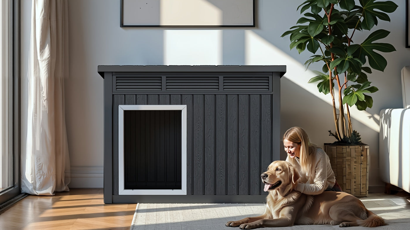 XXXL Outdoor Dog House for Large Dogs – All-Weather Resin Kennel with Gas-Lift Ventilated Canopy, UV-Proof & StormProof Design, Easy Assembly Shelter for Multi-Pet Households
