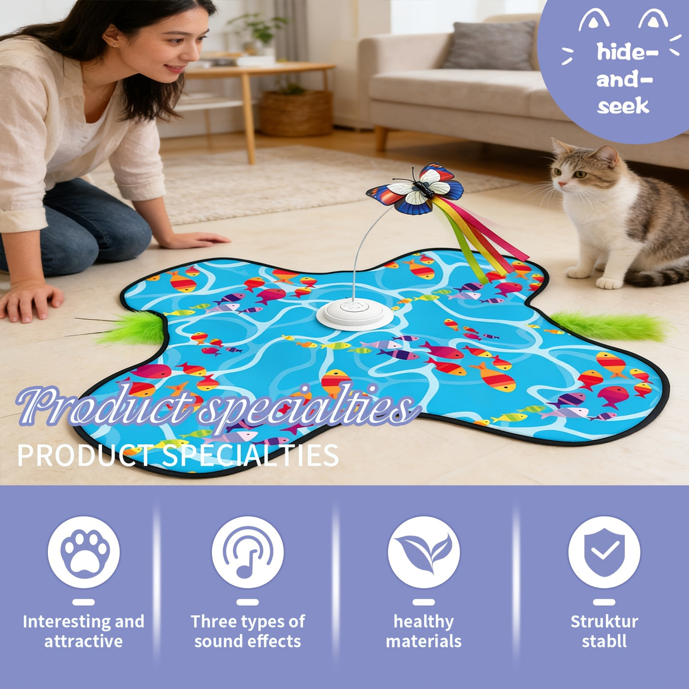 Motion-Activated Interactive Cat Toy 2-in-1 Rechargeable with Flying Butterfly Hidden Feathers & Animal Sounds - 360° Self-Play for Kittens & Cats