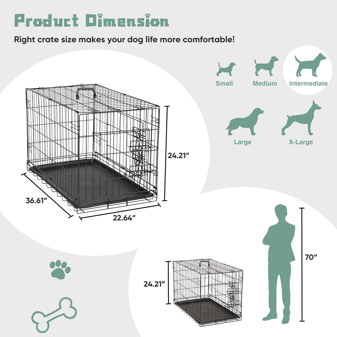 Folding Wire Dog Crate with Divider Double Door Leak-Proof Tray Indoor Outdoor Travel Kennel for Small Medium Large Dogs 24 30 Inch