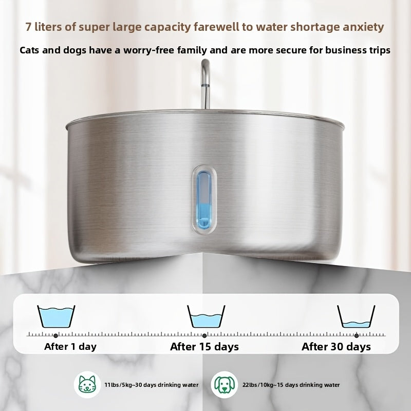 Stainless Steel Pet Water Fountain 236oz/7L - Automatic Cat Dog Water Dispenser, USB Powered, Replacement Filters Included, Water Level Window, for Cats Dogs Multiple Pets