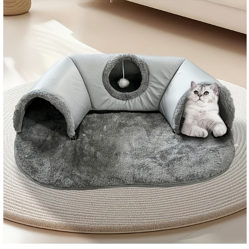 Cat Tunnel Bed & Playhouse 3-in-1 – Soft Plush Polyester Cat Tunnel with Non-Slip Base, Easy Clean, for Cats Kittens & Rabbits, 17.64lbs Capacity