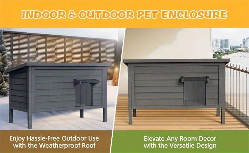 Outdoor Cat House Insulated Waterproof – 6-Side Foam Insulated Solid Wood Feral Cat Shelter with Feeding Station, Fits 2-3 Cats, 34.4"L×21.7"W×27.2"H