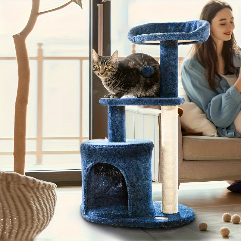 32-Inch Cat Tree with Condo, Sisal Scratching Post, Plush Perches & Pompom Toys for Indoor Cats - Denim Blue Multi-Level Cat Tower Activity Center