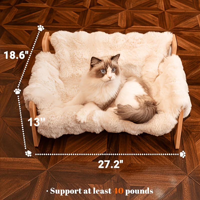 Elevated Pet Sofa Bed - Solid Wood Lounge Chair for Cats & Dogs, Modern Pet Furniture, Replaceable Mattress, Bamboo Mat & Fleece Options, White & Grey